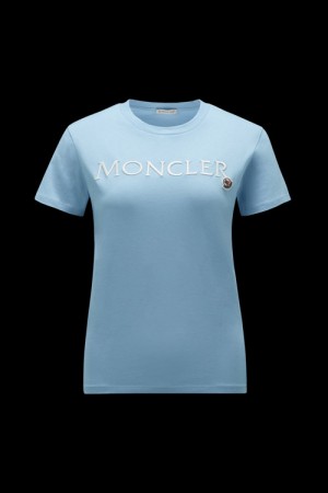 Camiseta Moncler Logo Embroidered T Mujer Azules Claro | YTDL-56893