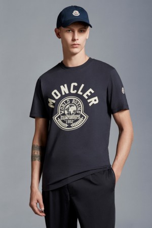 Camiseta Moncler Printed Motif T Hombre Azul Marino Azules | QFUC-05247