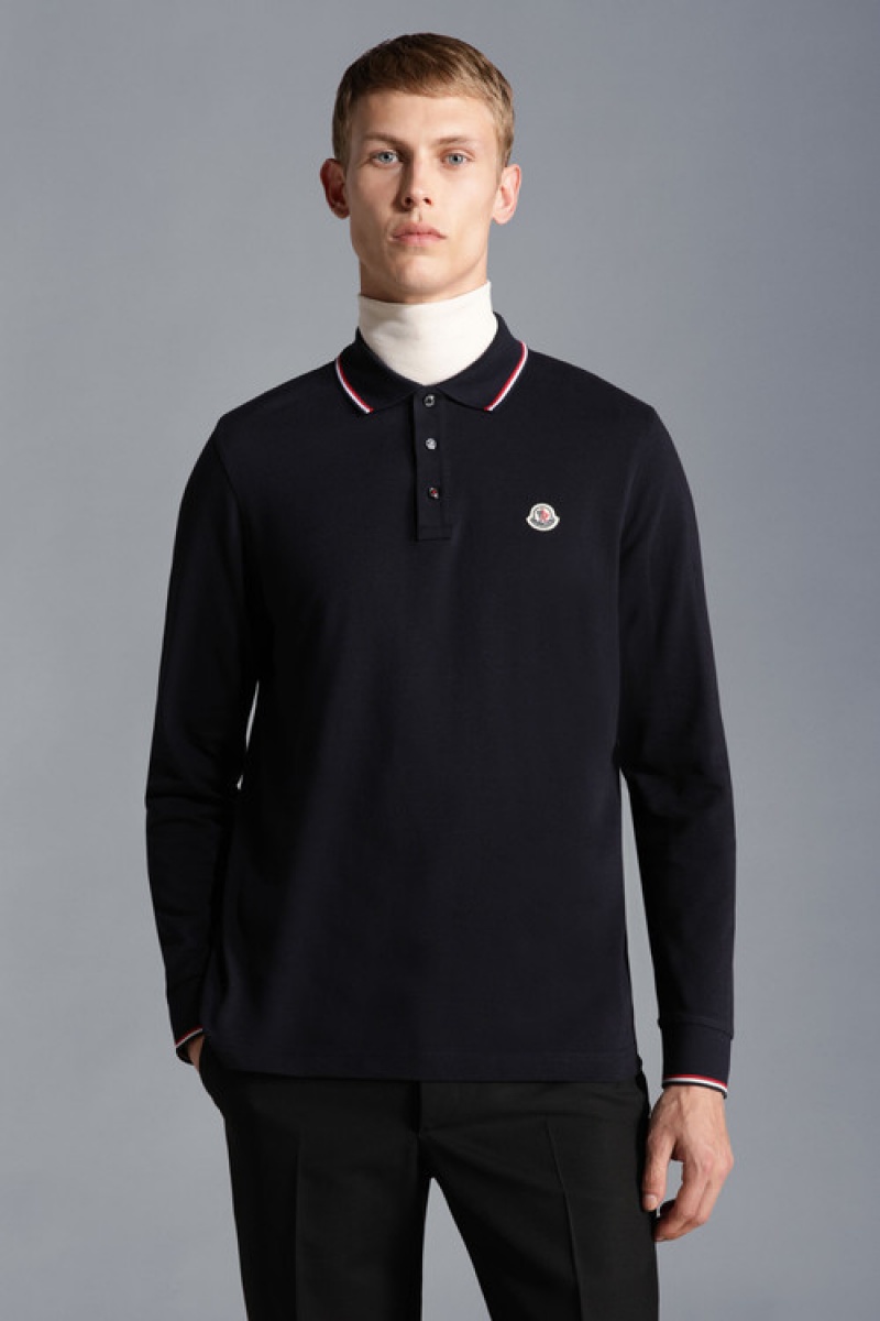 Camisa Polo Moncler Sleeve Hombre Azul Marino Azules | FINS-49603