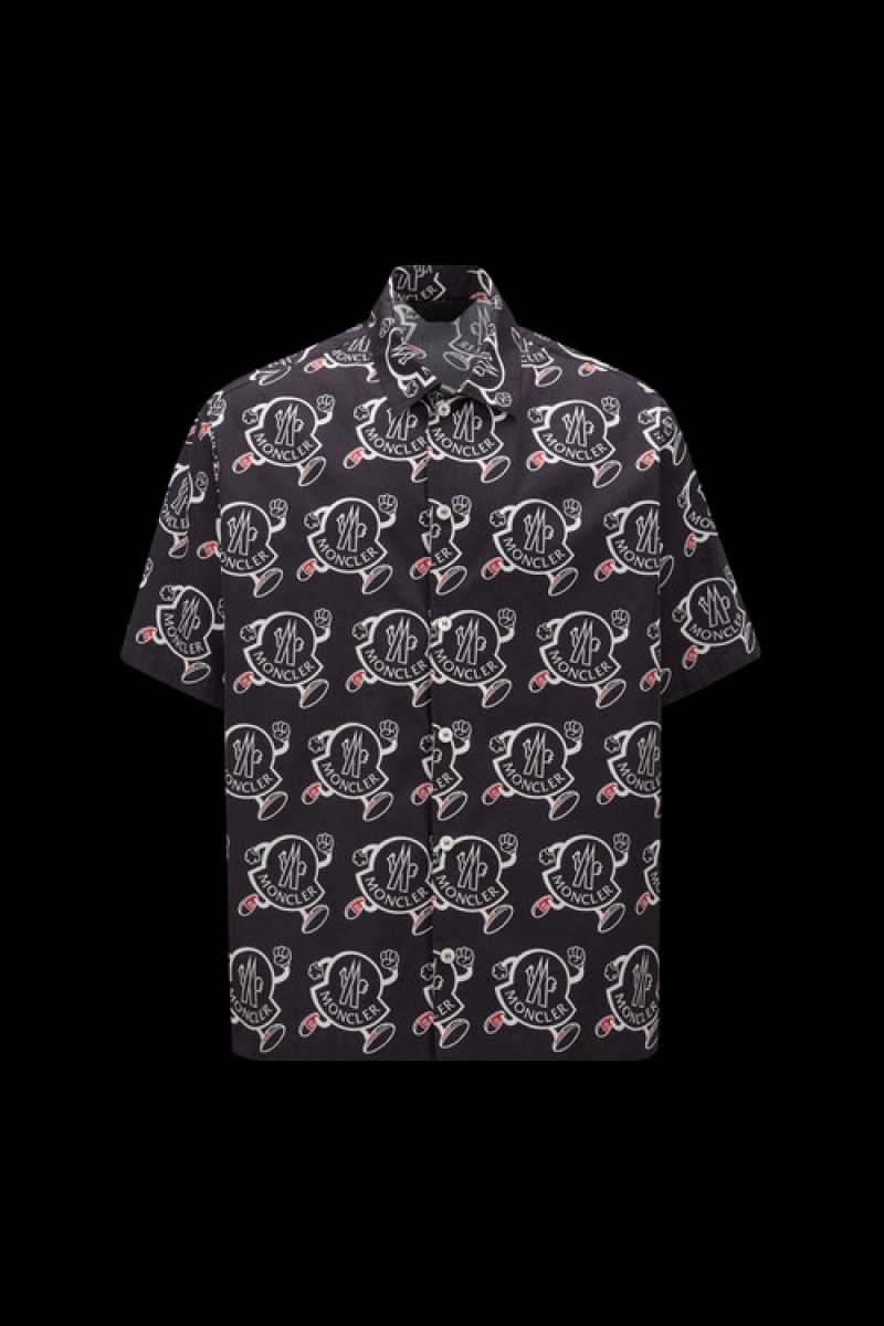 Camisas Moncler Logo Print Algodon Hombre Negros Blancos | AHPY-87693