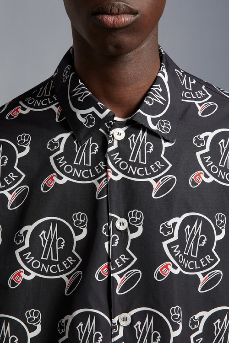 Camisas Moncler Logo Print Algodon Hombre Negros Blancos | AHPY-87693