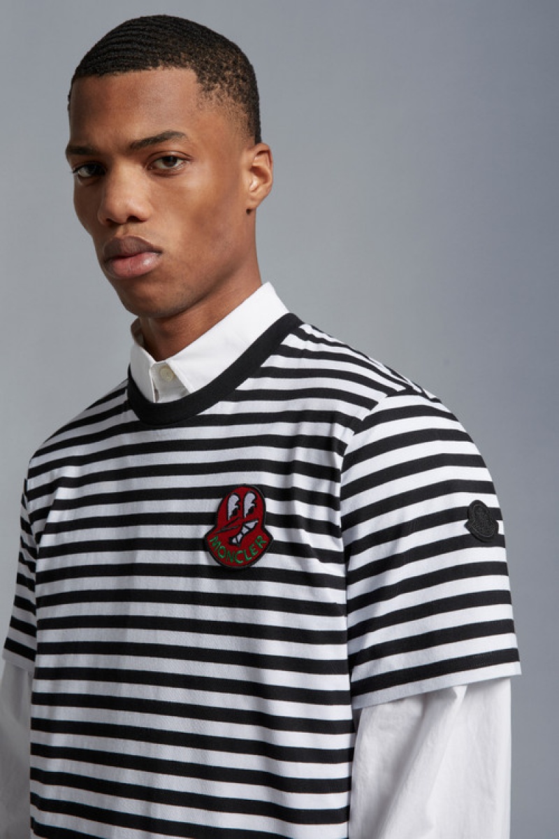 Camiseta Moncler A Rayas T Hombre Negros Blancos | BGHW-76138