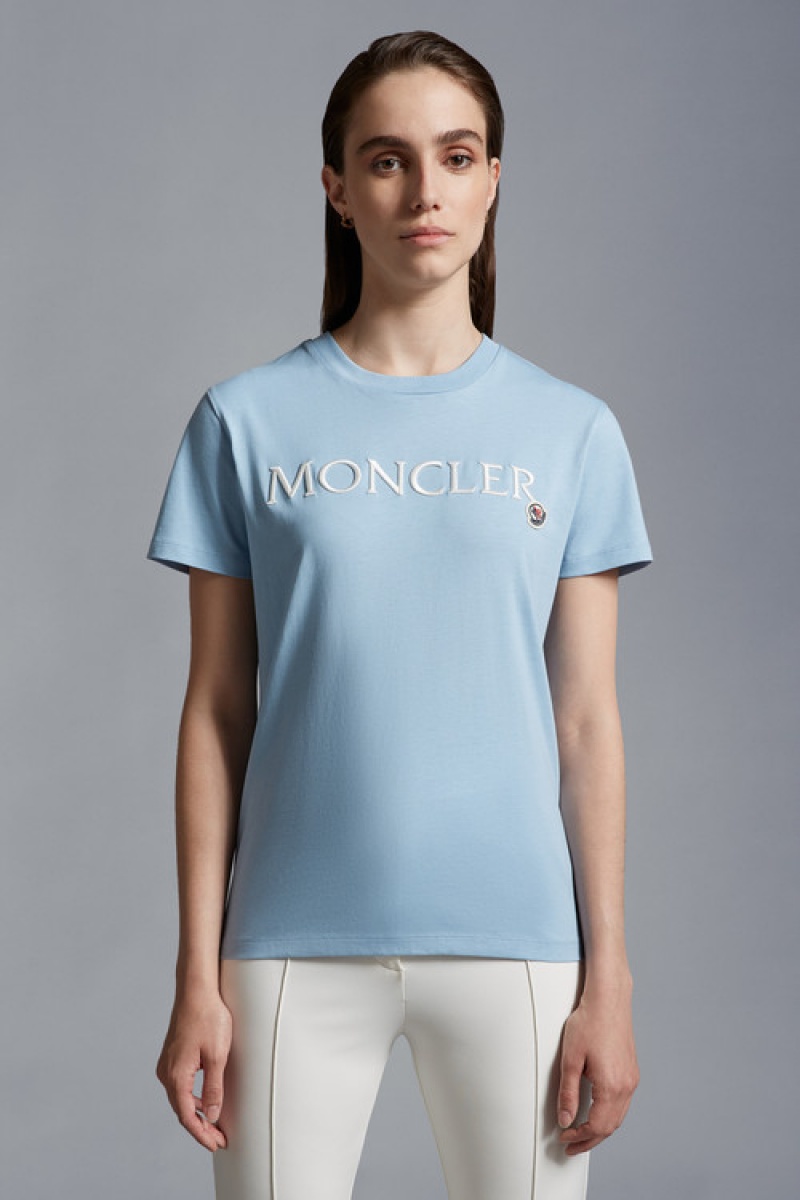 Camiseta Moncler Logo Embroidered T Mujer Azules Claro | YTDL-56893