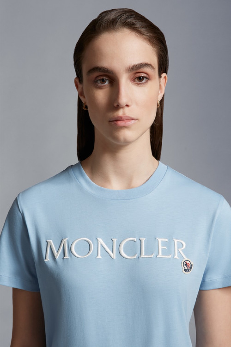 Camiseta Moncler Logo Embroidered T Mujer Azules Claro | YTDL-56893