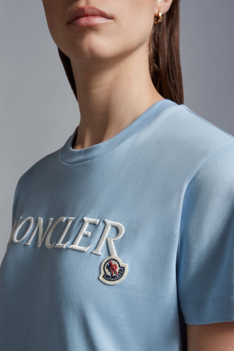 Camiseta Moncler Logo Embroidered T Mujer Azules Claro | YTDL-56893