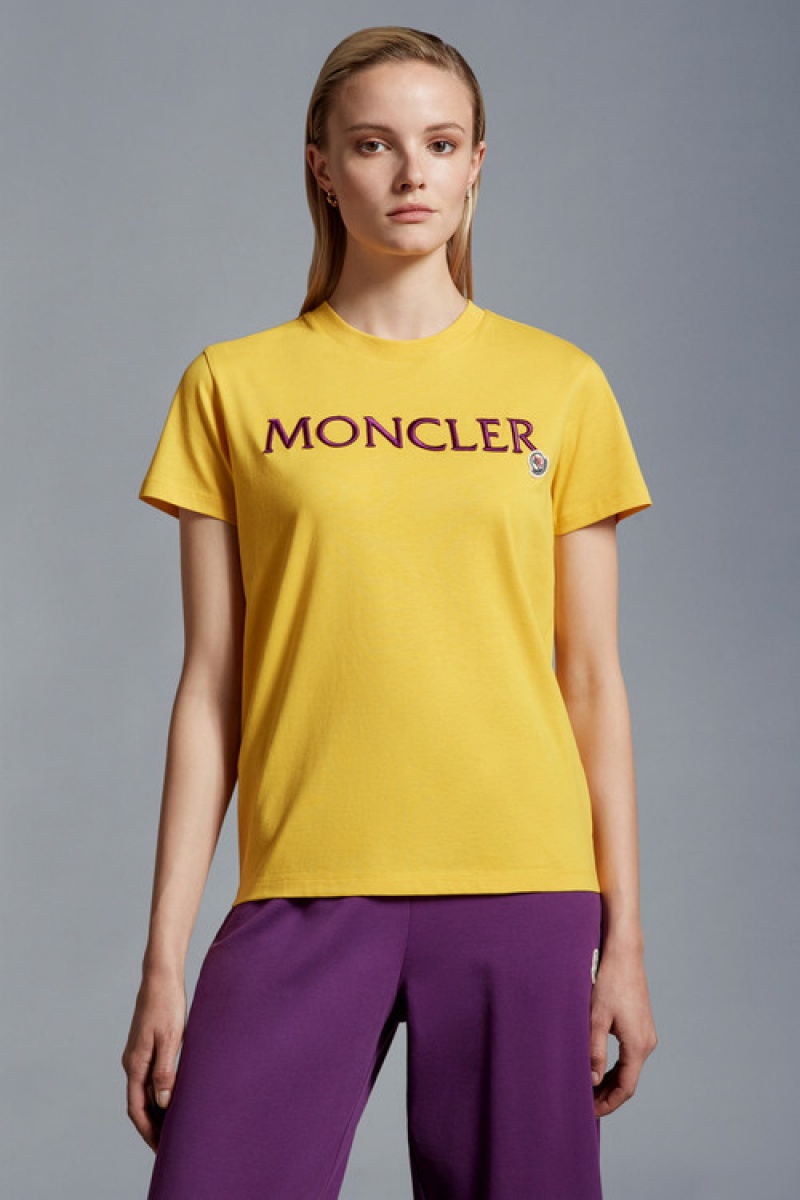 Camiseta Moncler Logo Embroidered T Mujer Amarillos | JVBE-17024