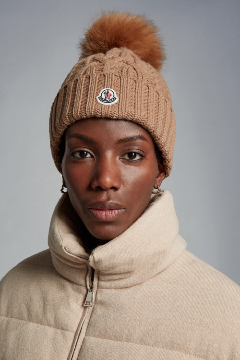 Gorro Moncler Beanie With Pom Pom Mujer Marrom Beige | REFX-35789