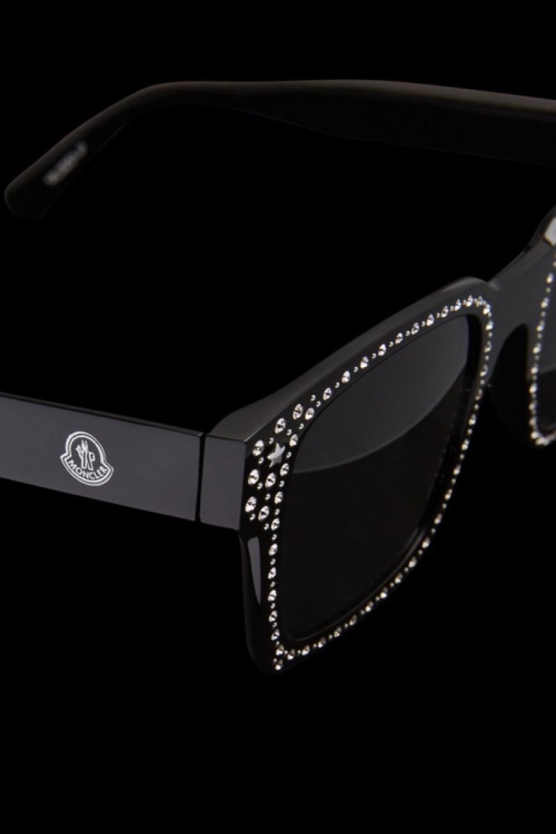 Lentes de Sol Moncler Crystal-encrusted Squared Mujer Negros Grises Oscuro | BNEL-16073