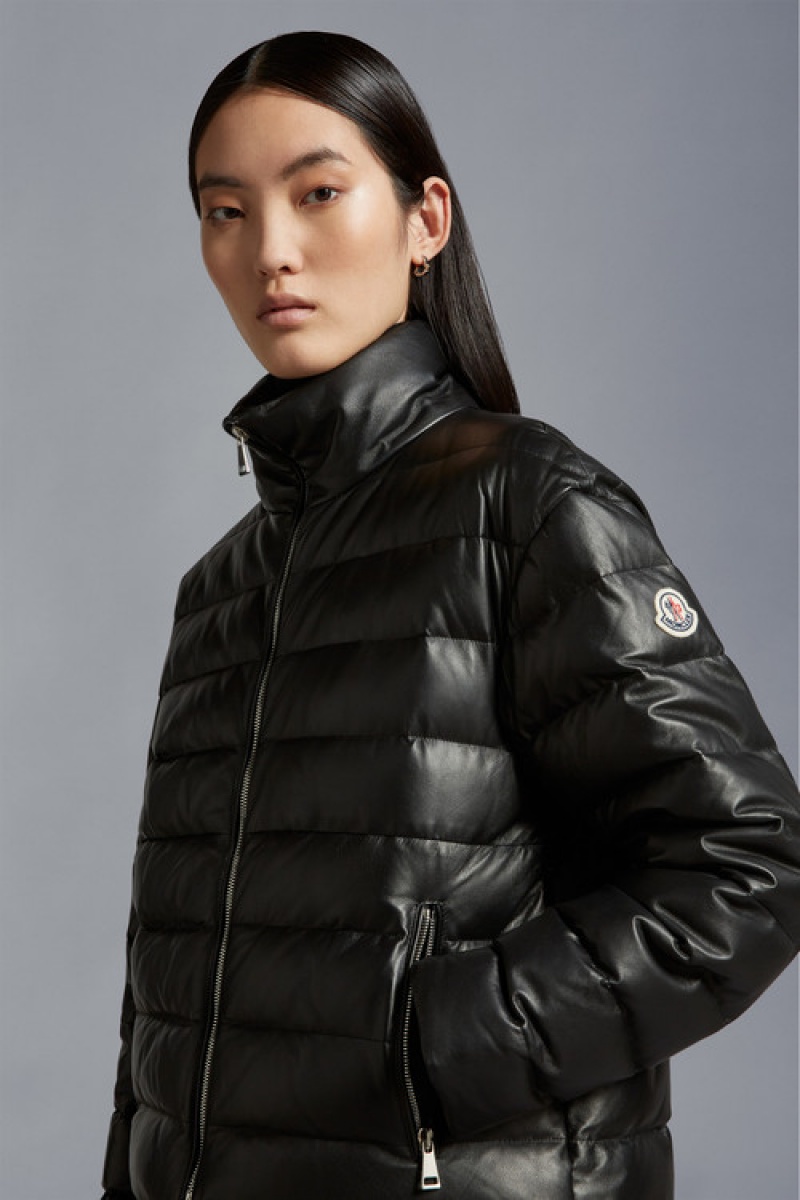 Chamarra Moncler Riols Cuero Mujer Negros | TAHB-23801