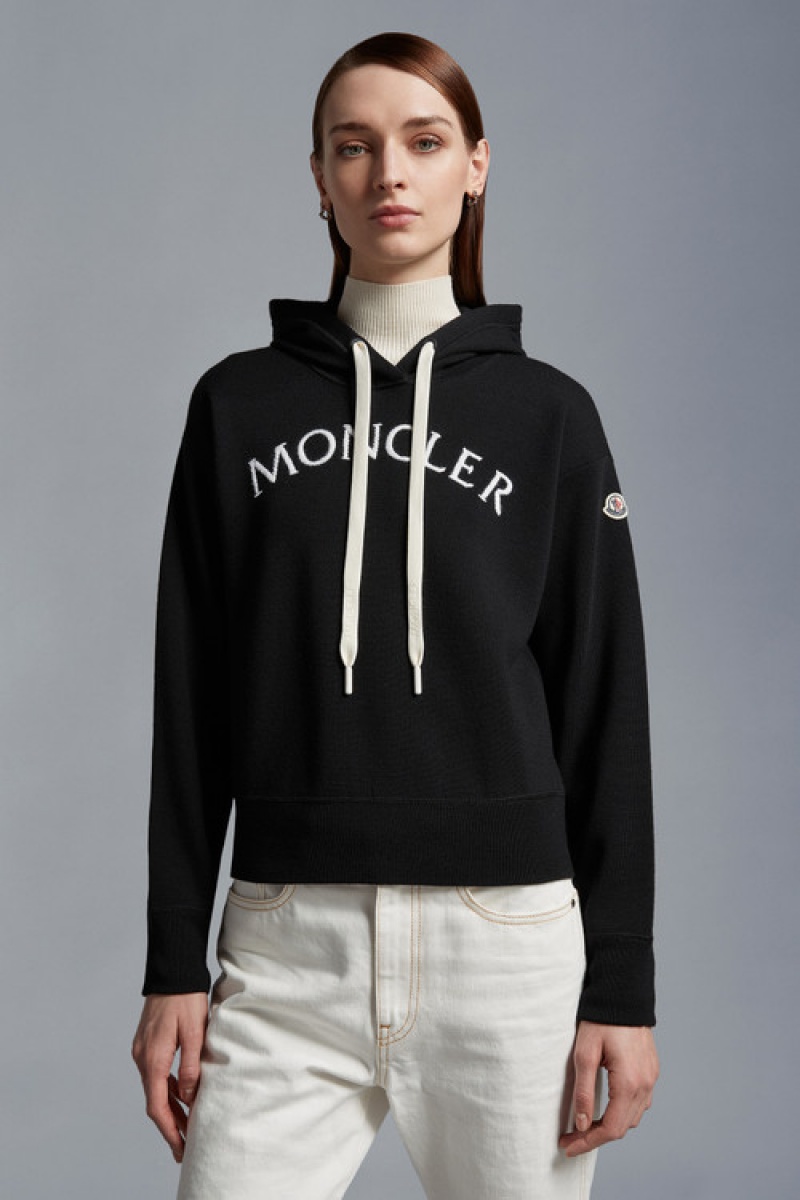 Sudadera con Capucha Moncler Logo Lana Mujer Negros | TNBO-92451