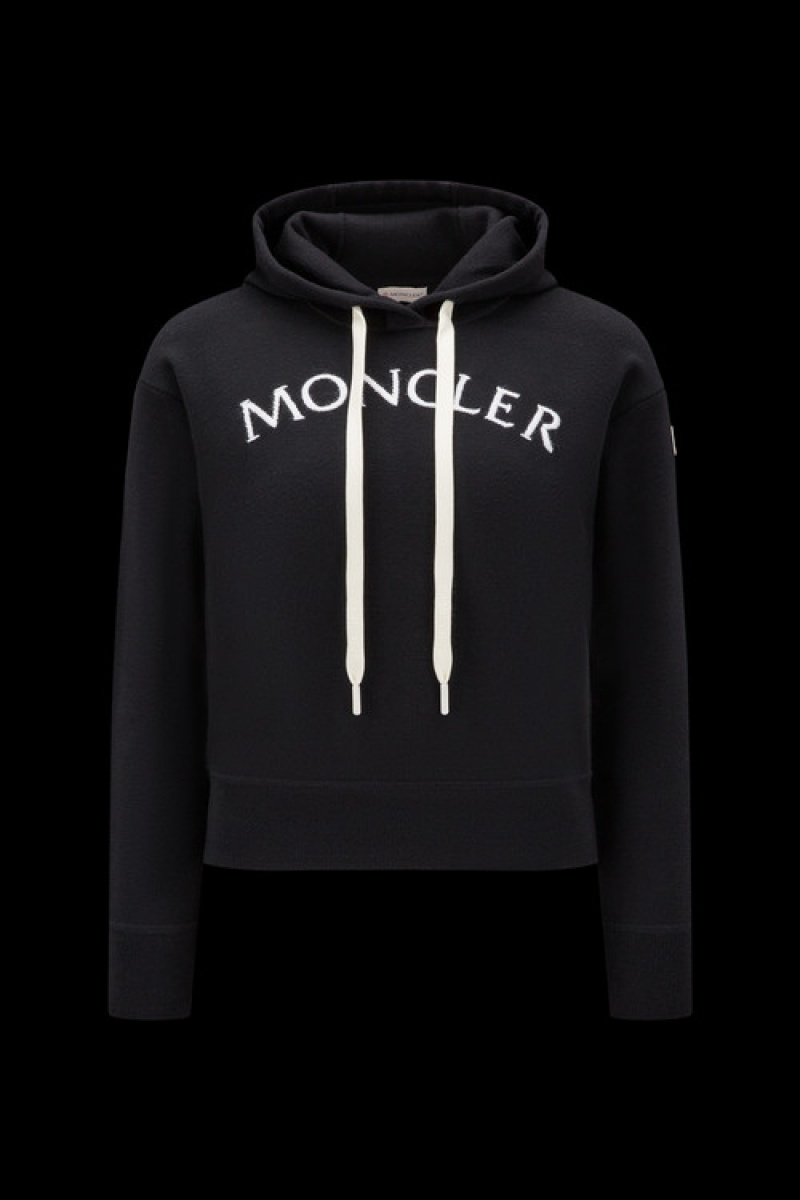 Sudadera con Capucha Moncler Logo Lana Mujer Negros | TNBO-92451