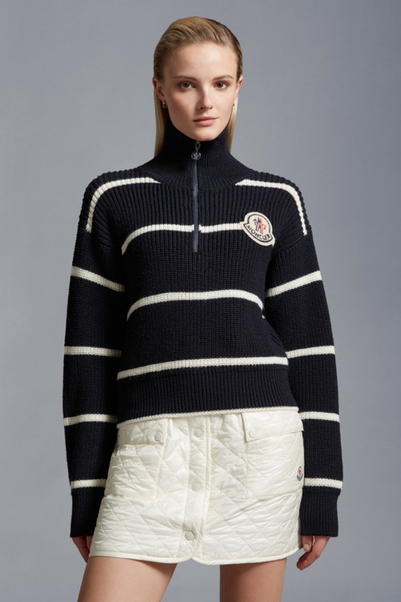 Suéteres Moncler A Rayas Lana Turtleneck Mujer Azul Marino Azules Blancos | UPMJ-83751